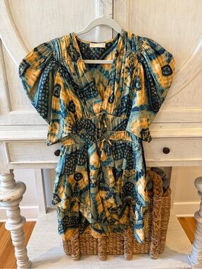 Ulla Johnson Teal and Mustard Patterned Silk Top